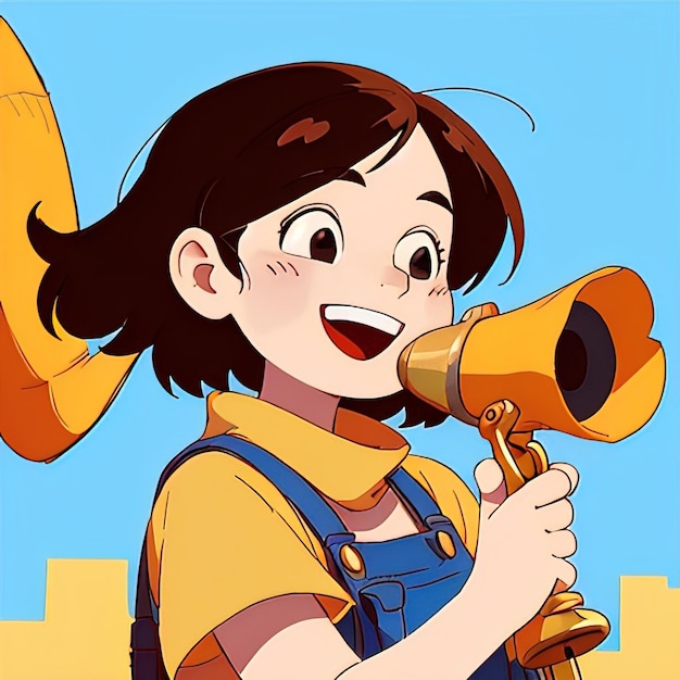 Uśmiechnięta kobieta rozmawiająca na megafonie ogłaszająca wiadomość urocza prosta ilustracja w stylu anime