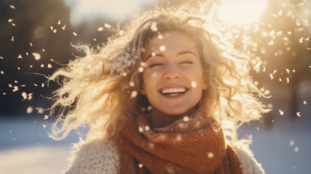 Zdjęcie uśmiechnięta kobieta rzucająca śnieg w powietrze w słoneczną zimę