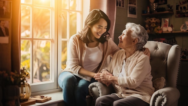 Uśmiechnięta kobieta siedząca na parapecie z babcią w domu