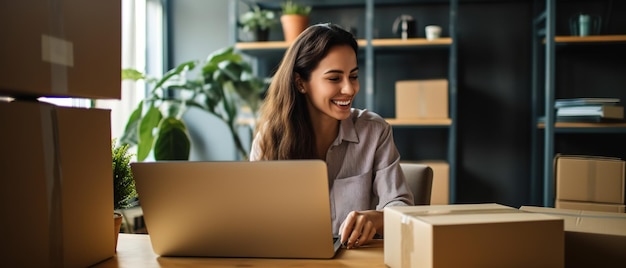 Uśmiechnięta kobieta sprzedawczyni eBay pudełka i taśma opakowania wokół niej pracuje na swoim laptopie uśmiechnąca się kobieta
