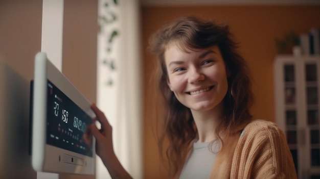 Zdjęcie uśmiechnięta kobieta stojąca w pobliżu zamontowanego na ścianie urządzenia dostosowującego stopnie w salonie za pomocą termostatu do ogrzewania domu generative ai