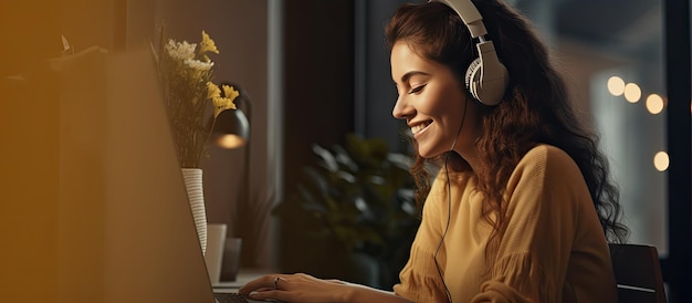 Uśmiechnięta kobieta studiująca online w domu z boku, widok na ciepłą, stonowaną portretową przestrzeń do kopiowania