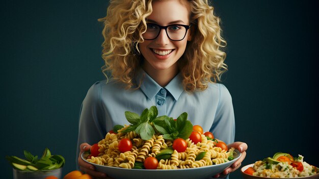 Zdjęcie uśmiechnięta kobieta trzymająca talerz makaronu z pomidorami i szpinakiem generatywna sztuczna inteligencja