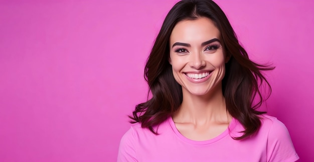Uśmiechnięta kobieta ubrana w różową koszulę z różowym tłem kopiowania miejsca na baner reklamowy