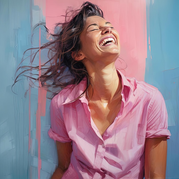 Uśmiechnięta kobieta w różowym z niebieskimi paskami wydaje się śmiać na ścianie