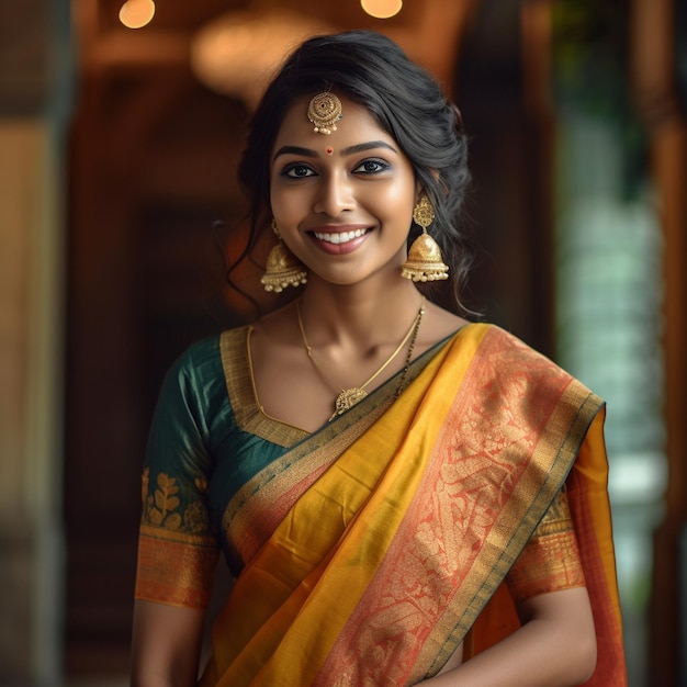 Uśmiechnięta kobieta w sari z złotym naszyjnikiem.