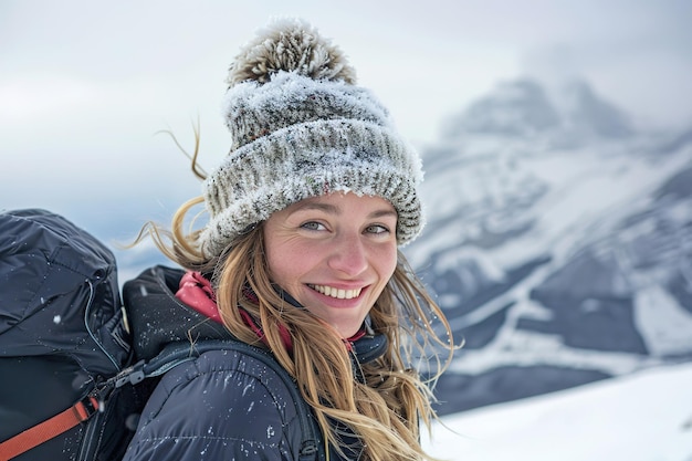 Uśmiechnięta kobieta w śnieżnym krajobrazie w mroźnej czapce