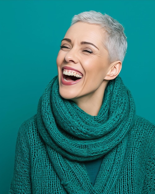 Uśmiechnięta kobieta w zielonym swetrze i szaliku śmieje się na niebieskim tle