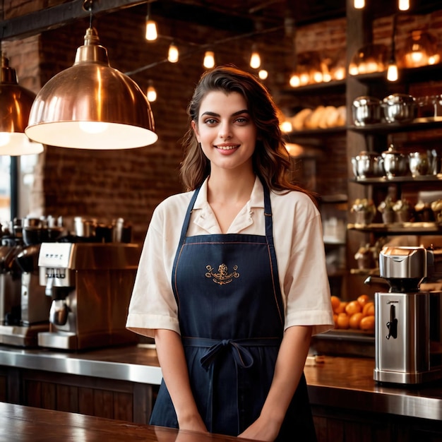 Uśmiechnięta kobieta witająca klientów przy wejściu do kawiarni