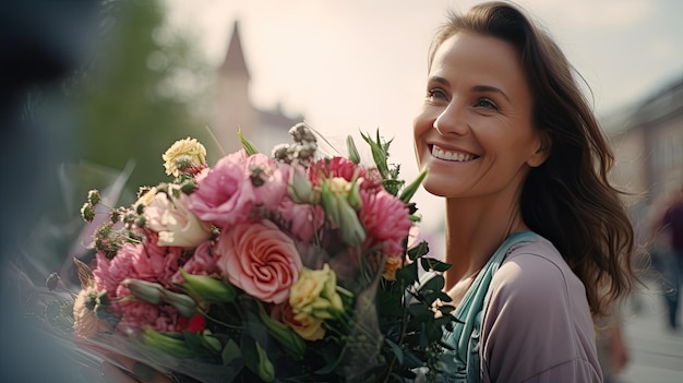 Uśmiechnięta kobieta z bukietem kwiatów w radosnym gestzie wdzięczności Dni nauczycieli
