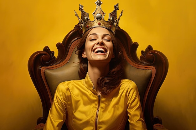 Uśmiechnięta kobieta z koroną na głowie siedząca w fotelu na żółtym tle Generatywna sztuczna inteligencja