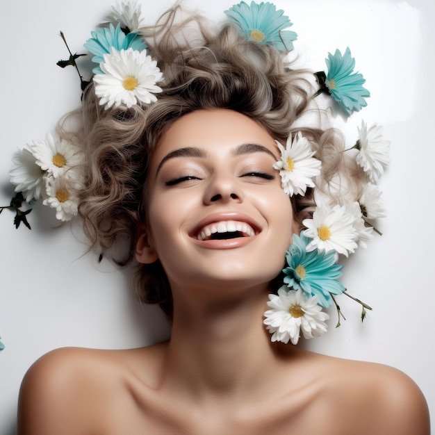 Uśmiechnięta kobieta z kwiatami we włosach
