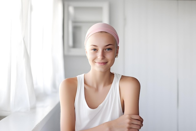 Uśmiechnięta kobieta z rakiem piersi w sali szpitalnej Miesiąc świadomości raka piersi Odważna wojowniczka