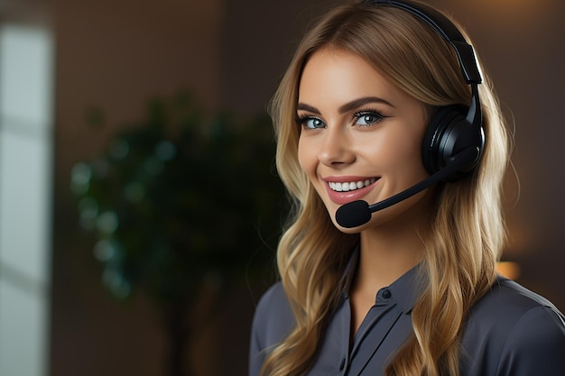 Uśmiechnięta kobieta z zestawem słuchawkowym pracująca w centrum telefonicznym Dziewczyna z mikrofonem i słuchawkami konsultuje się z klientami