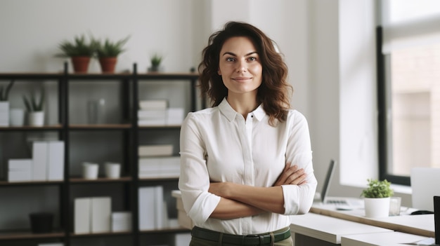 Uśmiechnięta kobieta ze skrzyżowanymi rękami stoi w swoim biurze domowym