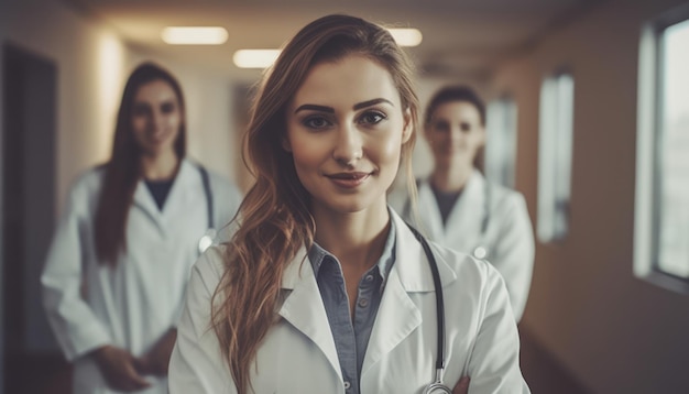 Uśmiechnięta lekarka stojąca z kolegami z medycyny