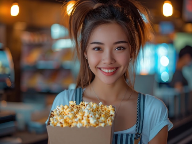 Zdjęcie uśmiechnięta młoda azjatka pracująca w kawiarni kina z pudełkiem popcornu
