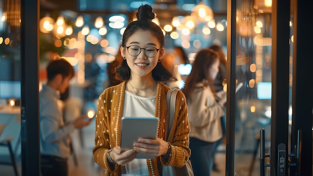 Uśmiechnięta młoda Azjatka używająca tabletu w przytulnej wieczornej kawiarni Przygodny Portret biznesowy lub styl życia Ciepłe oświetlenie środowiskowe AI