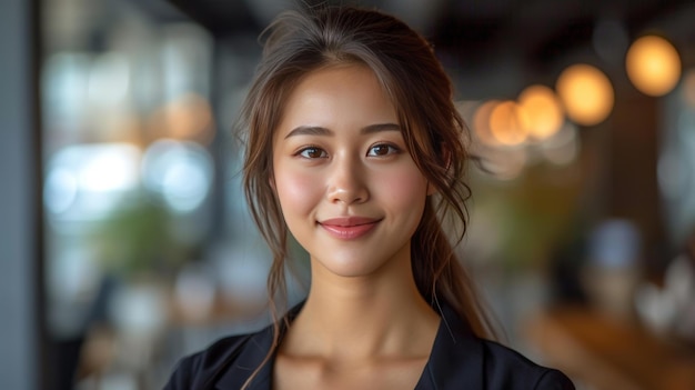 Uśmiechnięta młoda azjatycka kobieta biznesowa stoi w biurze z cyfrowym tabletem używając technologii korporacyjnej do patrzenia na kamerę Portret kierownika biznesu lub sprzedawcy patrzącego na.