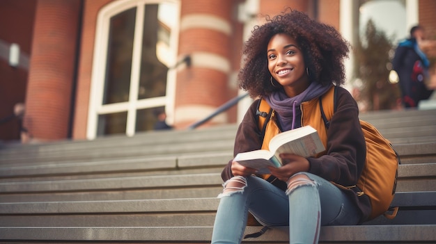 Uśmiechnięta młoda czarna afroamerykańska dziewczyna siedząca na schodach instytutu edukacyjnego