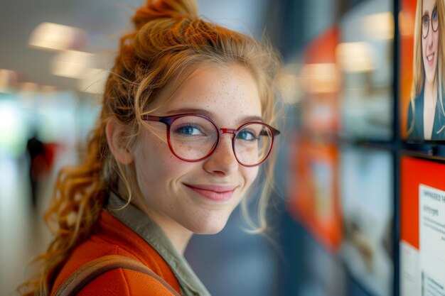 Uśmiechnięta młoda czerwona kobieta z okularami pozowała w środowisku miejskim