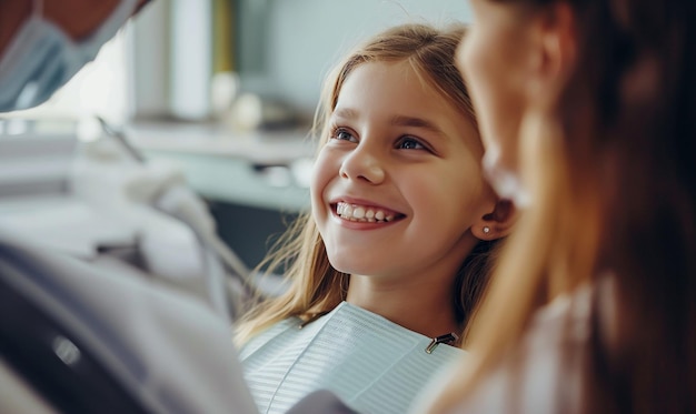 Uśmiechnięta młoda dziewczyna na krześle dentystycznym Badanie przez dentystę