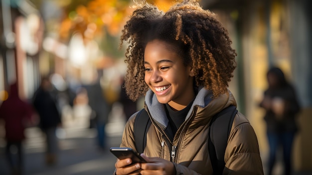 uśmiechnięta młoda dziewczyna patrzy na swój telefon komórkowy i idzie ulicą Generacyjna sztuczna inteligencja