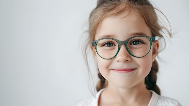 Uśmiechnięta młoda dziewczyna z okularami pozująca przed białym tłem Prosty, czysty styl Doskonały do tematów edukacyjnych i związanych z wizją AI