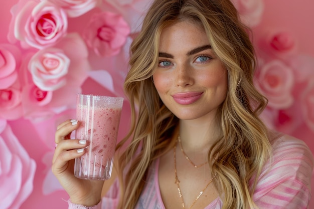 Zdjęcie uśmiechnięta młoda kobieta cieszy się świeżym smoothie z truskawkami na tle różowej róży na wiosnę