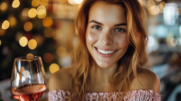 Uśmiechnięta młoda kobieta pije wino w przytulnej restauracji