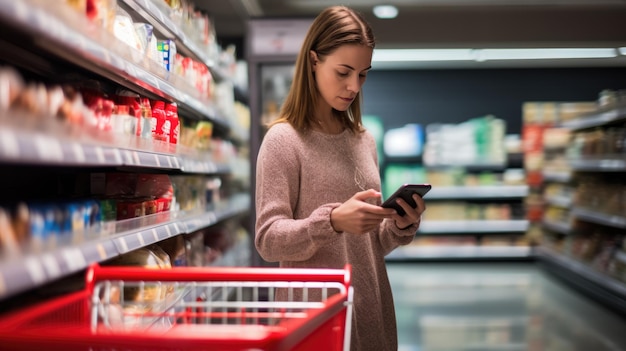 Uśmiechnięta młoda kobieta robi zakupy spożywcze w supermarkecie ze smartfonem