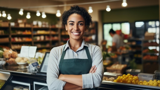 Uśmiechnięta młoda kobieta stała przed licznikiem z ramionami przekroczonymi pracownik supermarketu patrząc na kamerę
