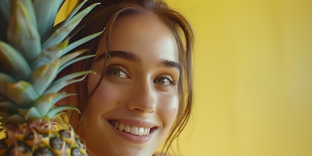 Uśmiechnięta młoda kobieta trzymająca ananas w zwykłym portrecie na żółtym tle świeża, żywa, szczęśliwa twarz uchwycona w naturalnym oświetleniu AI