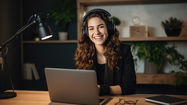 Uśmiechnięta młoda kobieta używa słuchawek podczas pracy na laptopie w komfortowym otoczeniu domowym