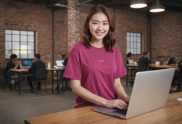 Uśmiechnięta młoda kobieta używająca laptopa w biurze w stylu przemysłowym