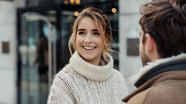 Uśmiechnięta młoda kobieta w białym swetrze cieszy się rozmową Styl życia scena miejska Portret na świeżym powietrzu Candid moment uchwycony w naturalnym świetle AI