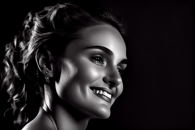 Uśmiechnięta młoda kobieta w generatywnej AI portretu czarno-białego