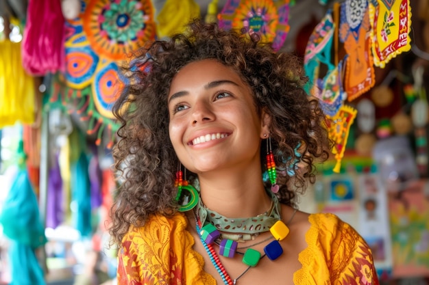 Uśmiechnięta młoda kobieta w żywych tradycyjnych strojach na kolorowym stoisku handlowym z uroczystymi dekoracjami