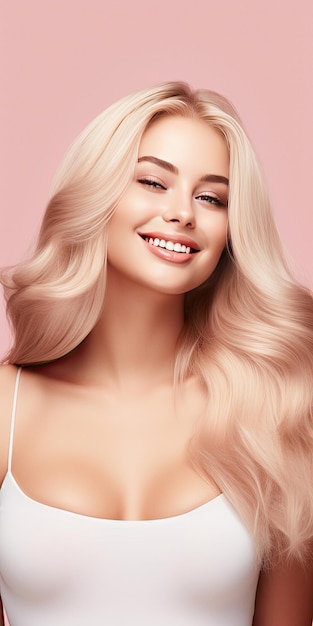 Uśmiechnięta młoda kobieta z blond włosami na pastelowym płaskim tle z przestrzenią do kopiowania