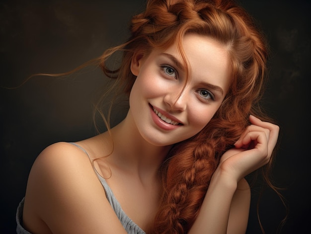 Uśmiechnięta młoda ładna kobieta trzyma włosy przy twarzy, uśmiechając się na białym tle