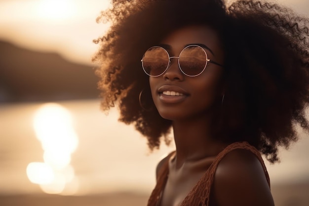 Uśmiechnięta młoda murzynka w strojach plażowych cieszy się zachodem słońca na plaży zadowolona piękna dziewczyna z włosami afro relaksująca się na plaży podczas wschodu słońca z miejsca na kopię Afroamerykanka marzy na jawie