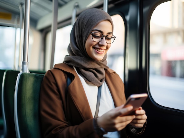 Uśmiechnięta młoda muzułmańska kobieta w okularach używająca smartfona w autobusie