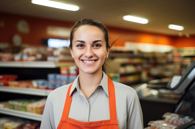 Uśmiechnięta młoda pracownica supermarketu patrząca na kamerę