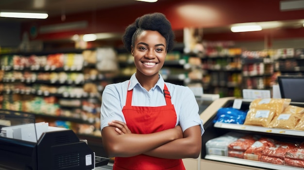 Uśmiechnięta młoda pracownica supermarketu patrząca na kamerę