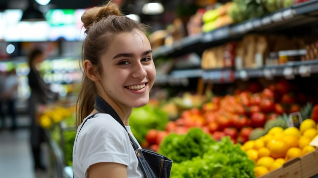 Uśmiechnięta młoda pracownica supermarketu patrząca na kamerę