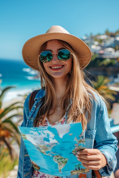 Uśmiechnięta młoda turystka z mapą, nosząca okulary przeciwsłoneczne i kapelusz w słonecznej miejscowości przybrzeżnej