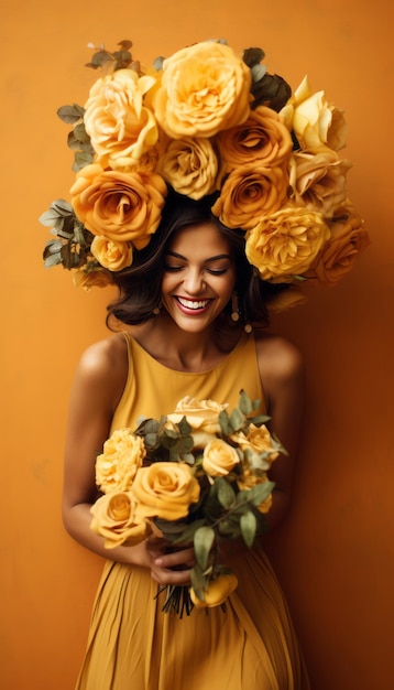 Uśmiechnięta modna kobieta z żółtym bukietem kwiatów i portretem w kwiatowej sukience na żółtym tle