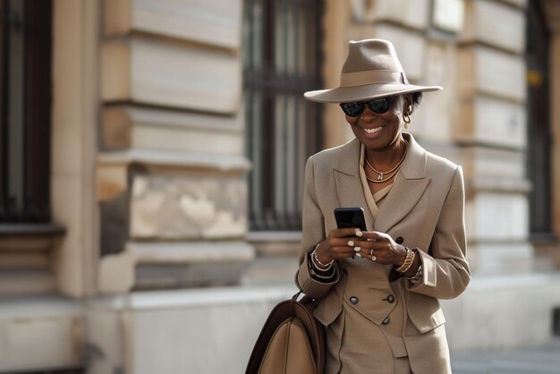 Uśmiechnięta, odnosząca sukcesy afroamerykańska bizneswoman, prawnik, lekarz, bankier, idąca ulicą.