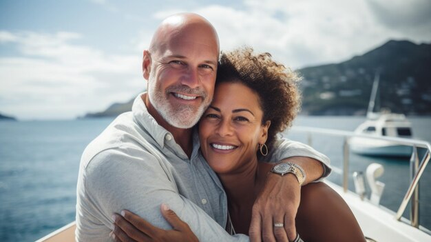 Uśmiechnięta para mieszanej rasy w średnim wieku cieszy się przejażdżką łodzią żaglową w letni dzień