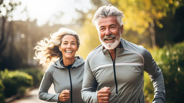 Uśmiechnięta para seniorów biegająca w parku Działalność sportowa ćwiczenia fitness dla osób starszych